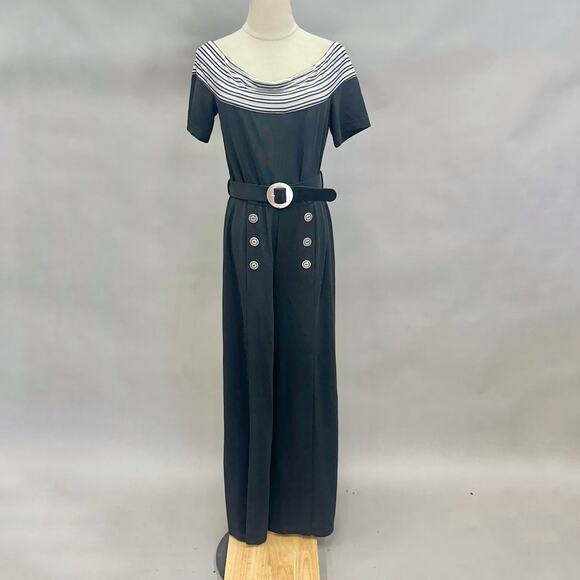 Vintage 90s Cache black slinky sailor nautical jumpsuit size 10 wide‎ slit leg - Picture 2 of 16